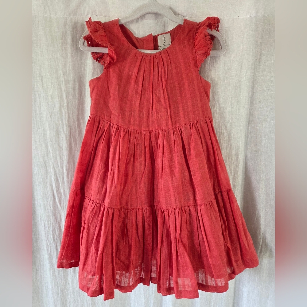 Joie | Coral-Red Tiered Cotton Dress with Ruffle Sleeves